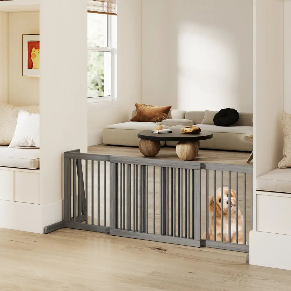 Folding Adjustable Free Standing 3 Panel Wood Fence for Dogs-Gray - Gray - Pet Gate