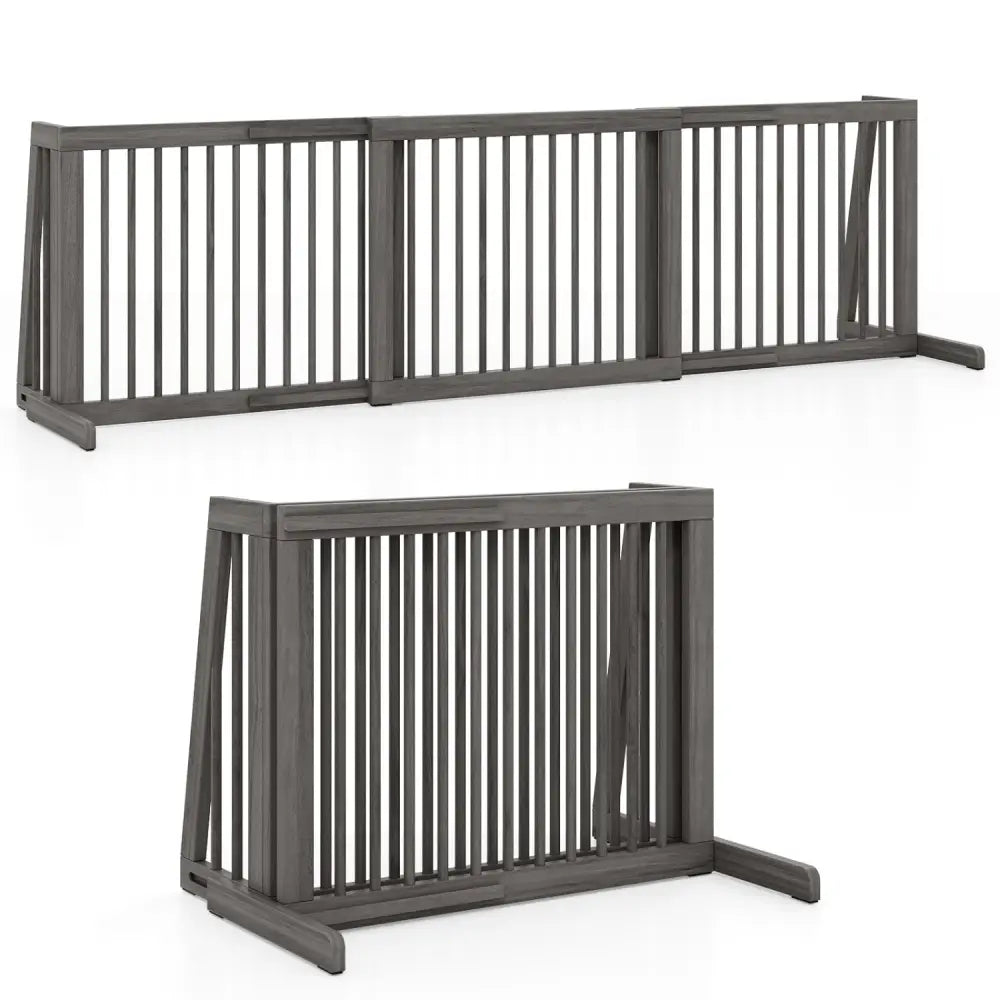 Folding Adjustable Free Standing 3 Panel Wood Fence for Dogs-Gray - Gray - Pet Gate