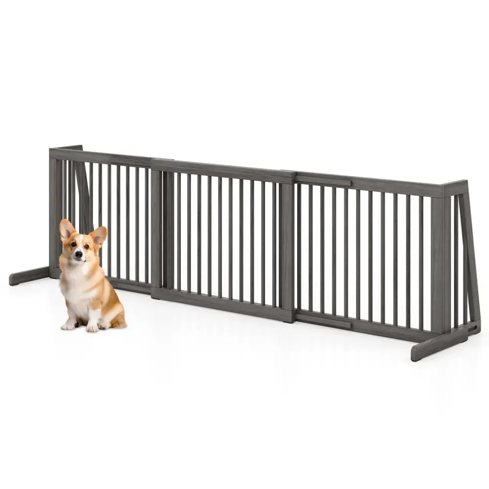 Folding Adjustable Free Standing 3 Panel Wood Fence for Dogs-Gray - Gray - Pet Gate