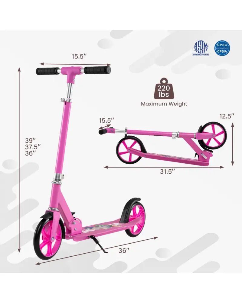 Folding Aluminum Alloy Scooter with 3 Adjustable Heights-Pink - Pink - Scooters