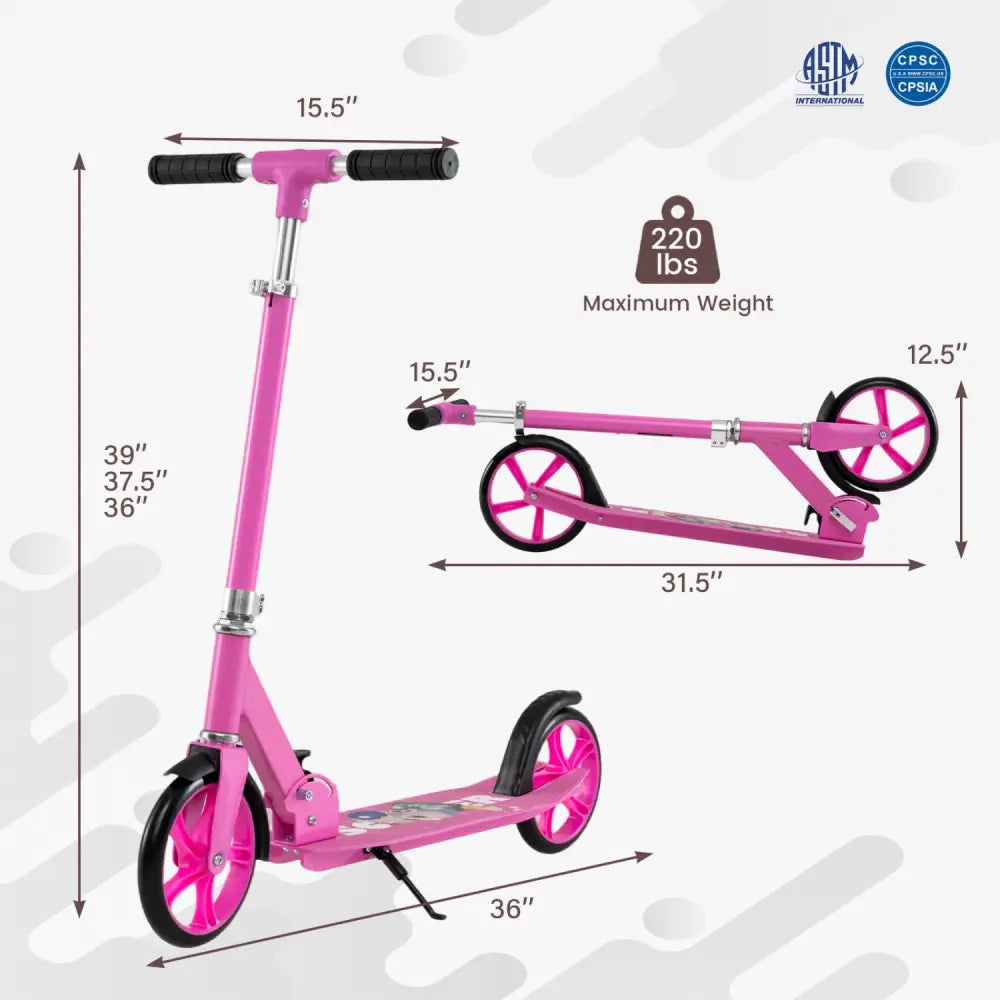 Folding Aluminum Alloy Scooter with 3 Adjustable Heights-Pink - Pink - Scooters