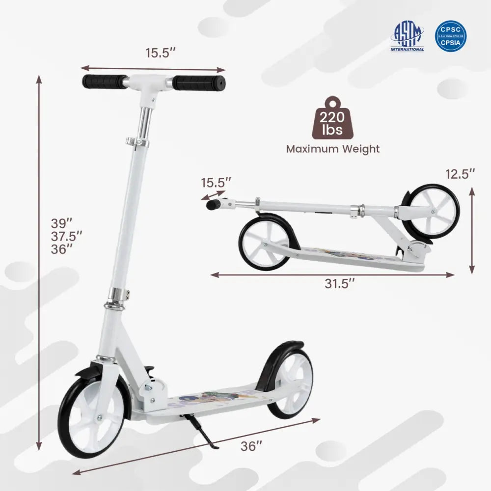 Folding Aluminum Alloy Scooter with 3 Adjustable Heights-White - White - Scooters