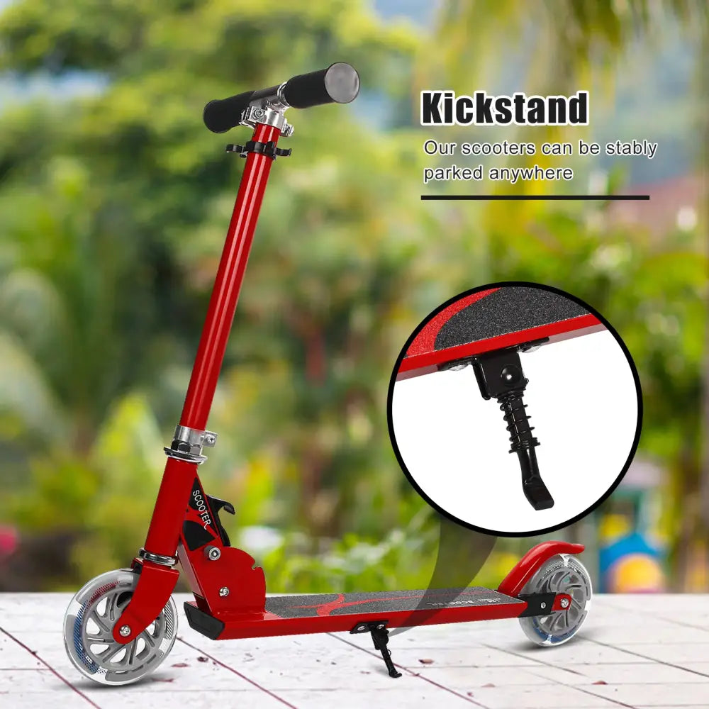 Folding Aluminum Kids Kick Scooter with LED Lights-Red - Red - Ride On Toys