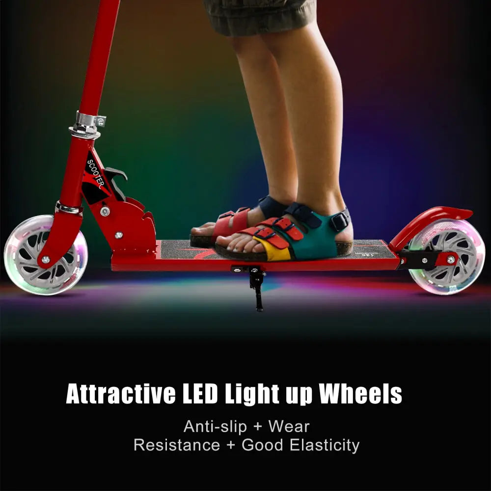 Folding Aluminum Kids Kick Scooter with LED Lights-Red - Red - Ride On Toys