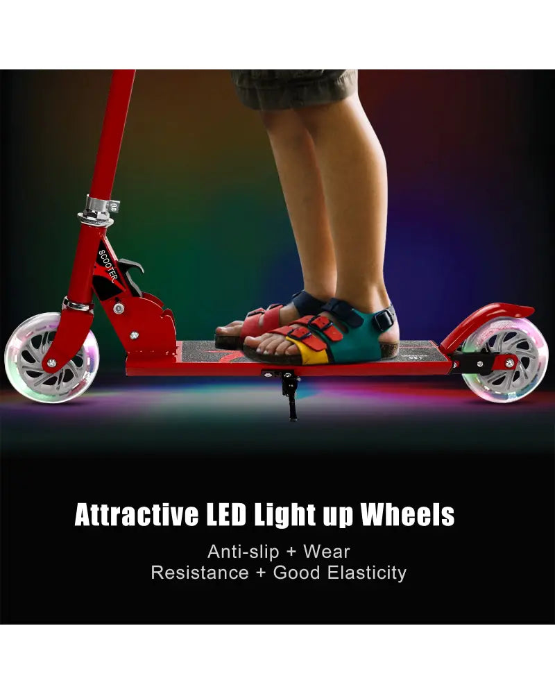 Folding Aluminum Kids Kick Scooter with LED Lights-Red - Red - Ride On Toys