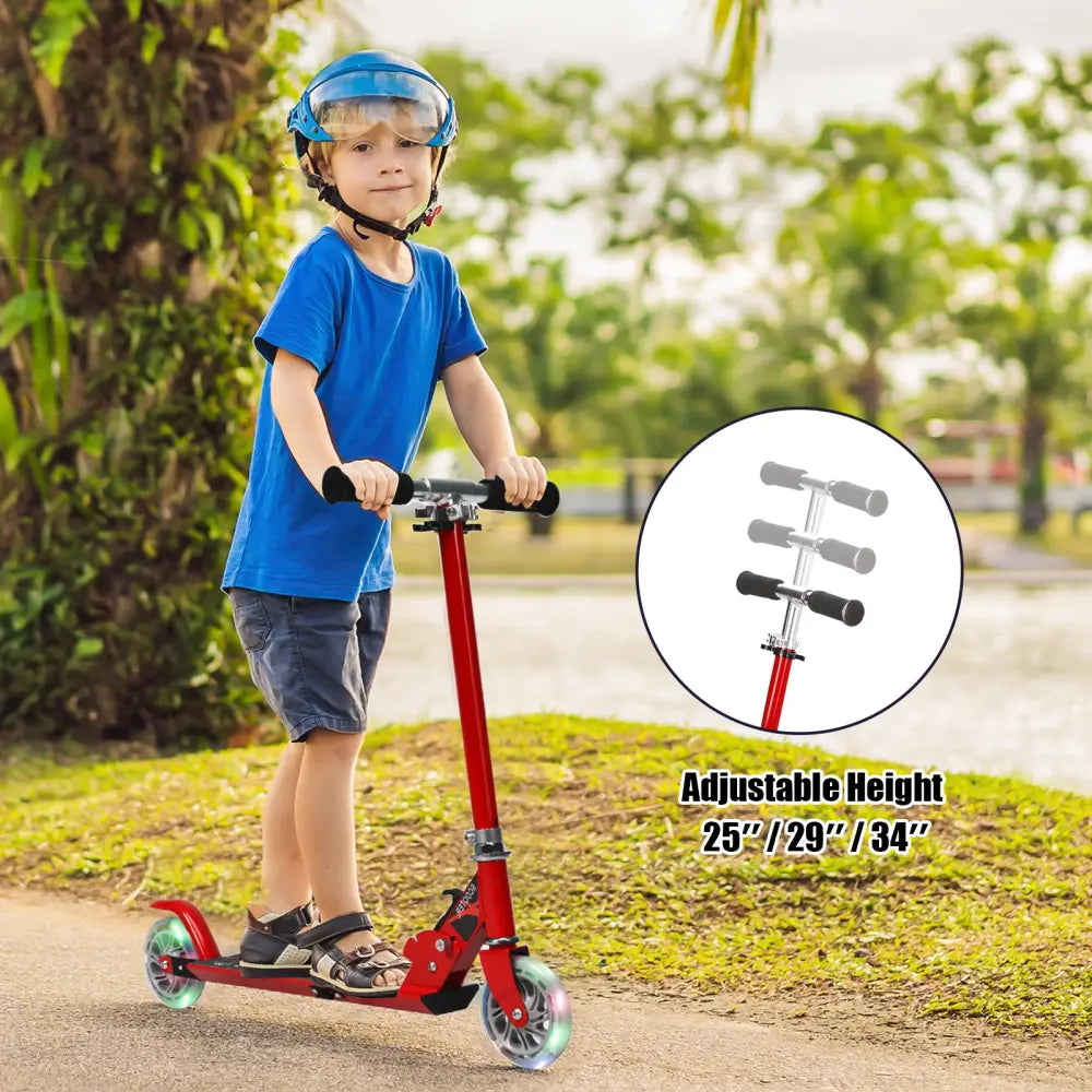 Folding Aluminum Kids Kick Scooter with LED Lights-Red - Red - Ride On Toys