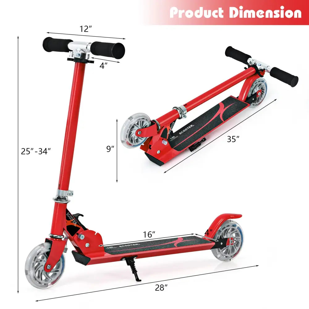 Folding Aluminum Kids Kick Scooter with LED Lights-Red - Red - Ride On Toys