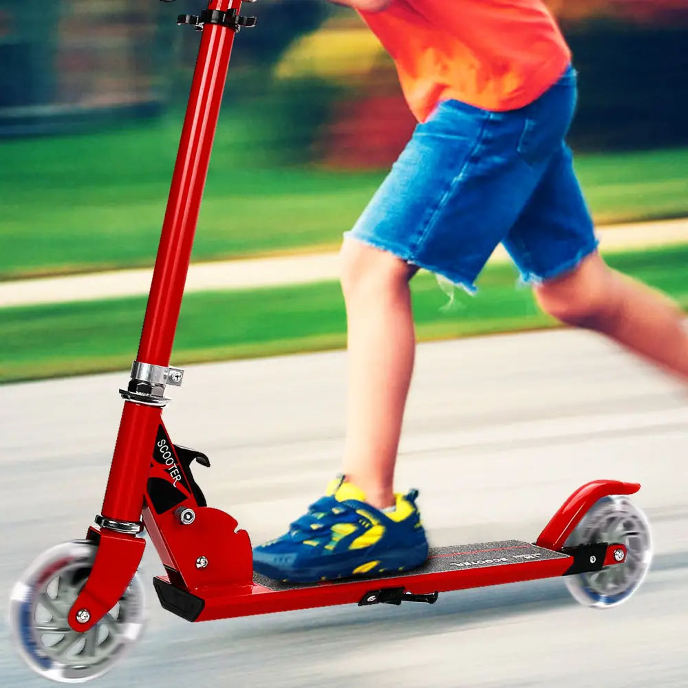 Folding Aluminum Kids Kick Scooter with LED Lights-Red - Red - Ride On Toys