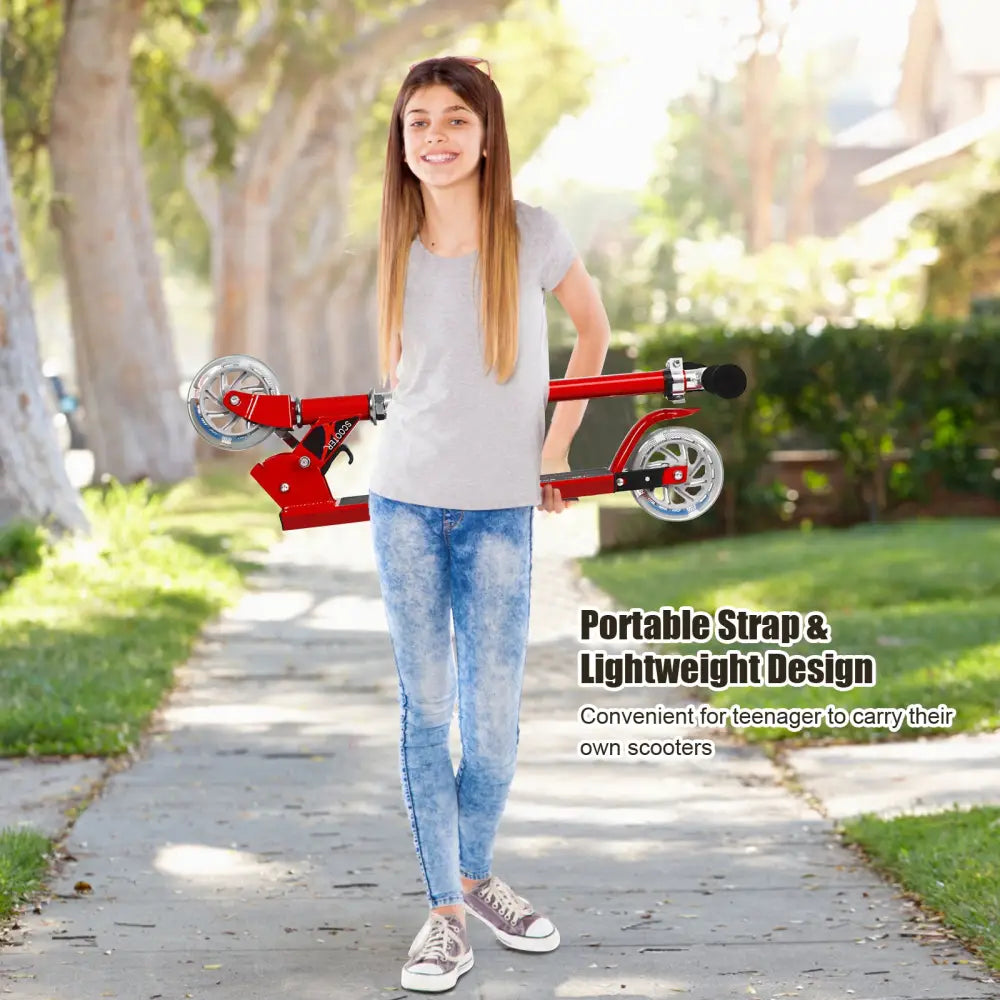 Folding Aluminum Kids Kick Scooter with LED Lights-Red - Red - Ride On Toys