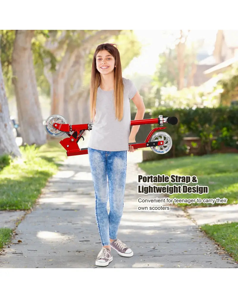 Folding Aluminum Kids Kick Scooter with LED Lights-Red - Red - Ride On Toys