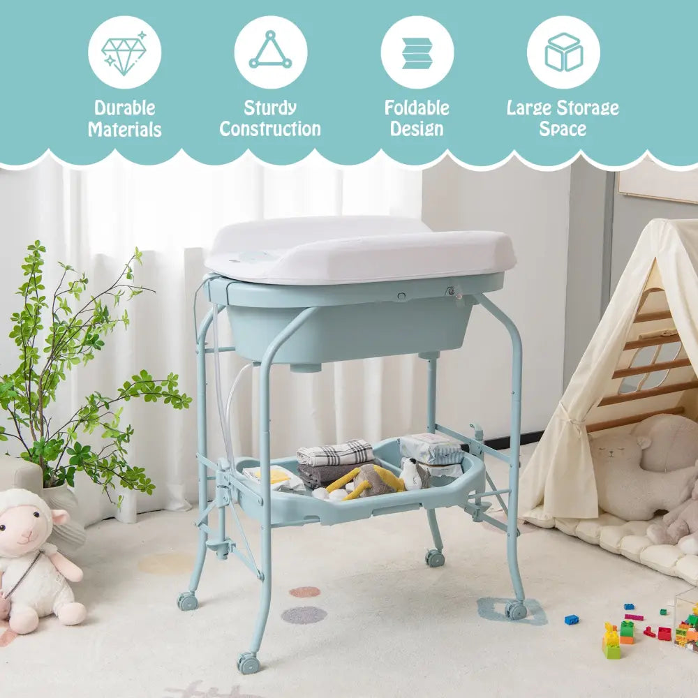 Folding Baby Changing Table with Bathtub and 4 Universal Wheels-Blue - Blue - Changing Tables