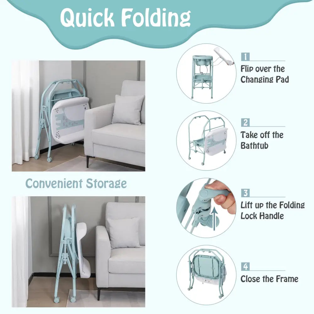 Folding Baby Changing Table with Bathtub and 4 Universal Wheels-Blue - Blue - Changing Tables