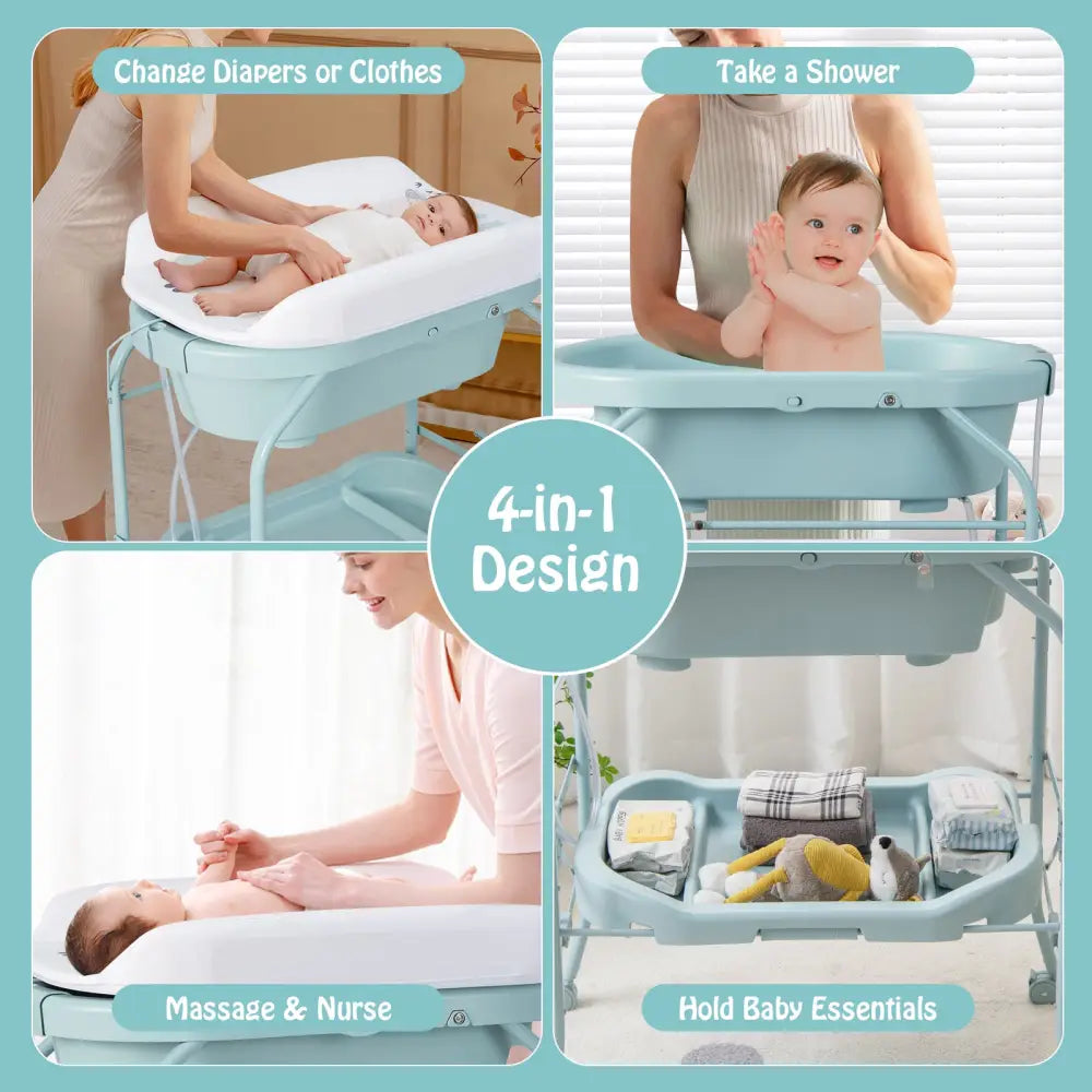 Folding Baby Changing Table with Bathtub and 4 Universal Wheels-Blue - Blue - Changing Tables