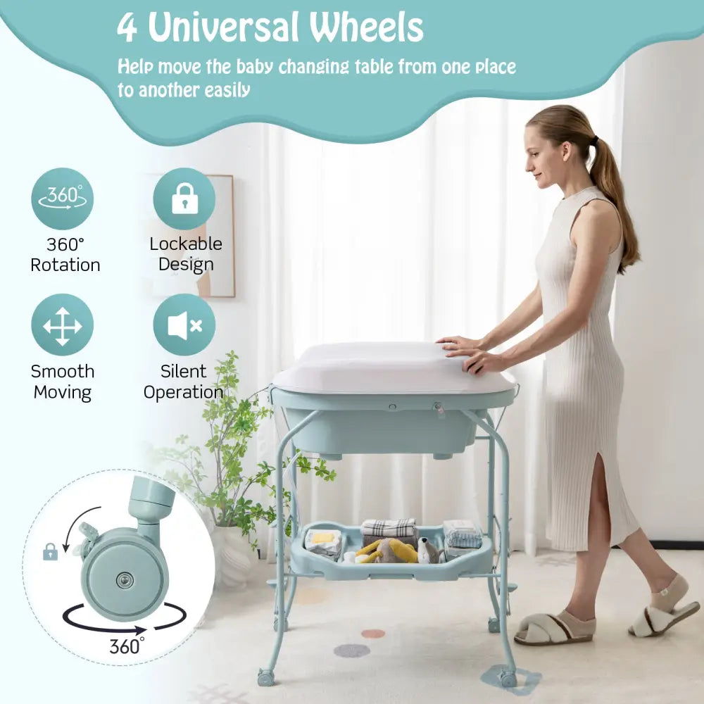 Folding Baby Changing Table with Bathtub and 4 Universal Wheels-Blue - Blue - Changing Tables