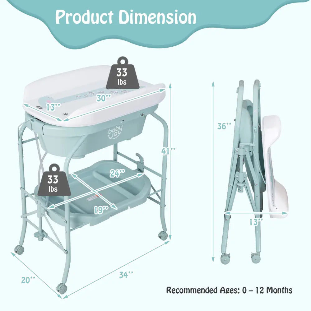 Folding Baby Changing Table with Bathtub and 4 Universal Wheels-Blue - Blue - Changing Tables