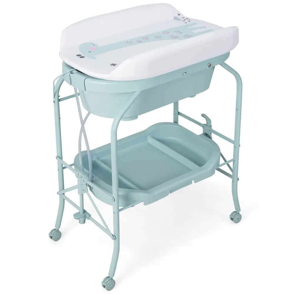 Folding Baby Changing Table with Bathtub and 4 Universal Wheels-Blue - Blue - Changing Tables