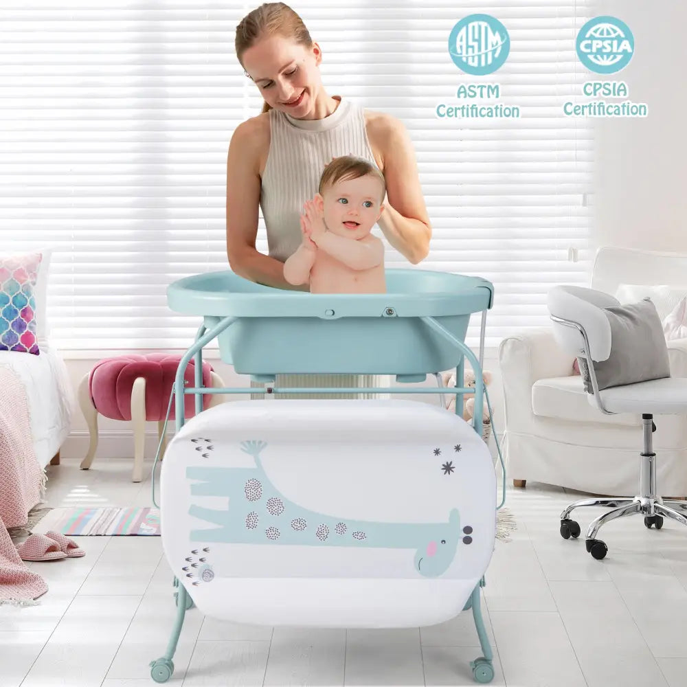 Folding Baby Changing Table with Bathtub and 4 Universal Wheels-Blue - Blue - Changing Tables