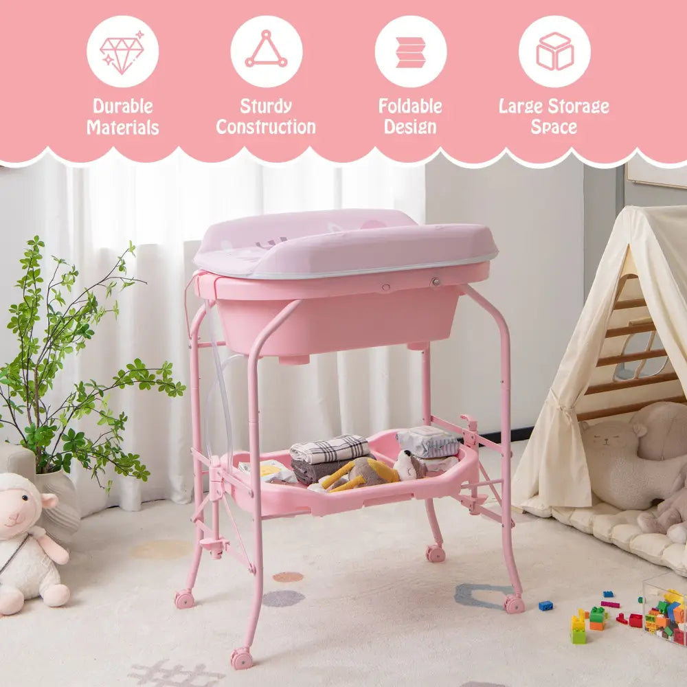 Folding Baby Changing Table with Bathtub and 4 Universal Wheels-Pink - Pink - Changing Tables