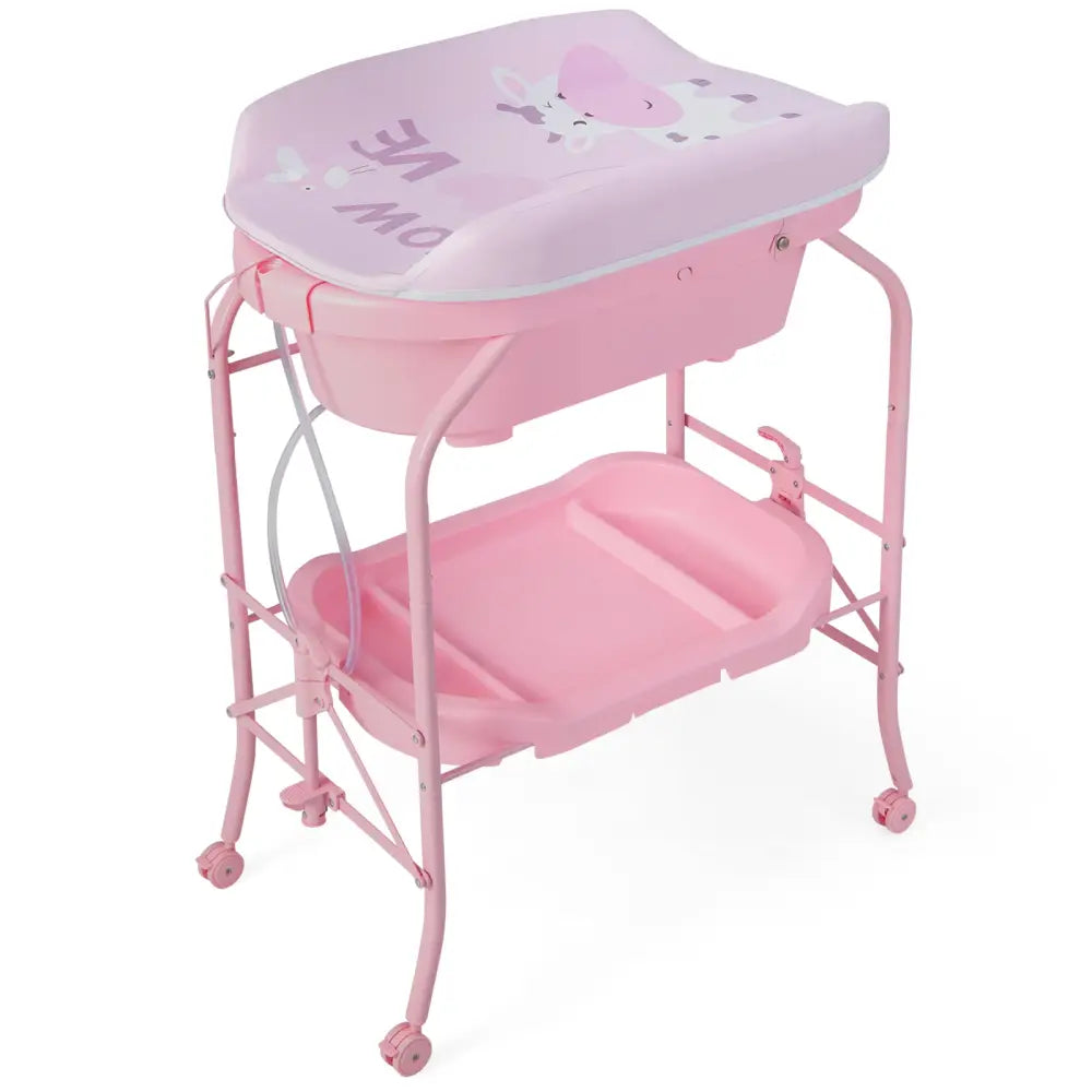 Folding Baby Changing Table with Bathtub and 4 Universal Wheels-Pink - Pink - Changing Tables