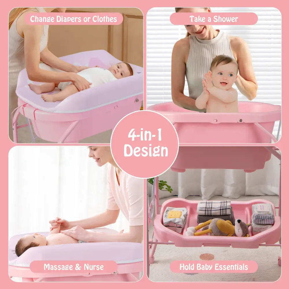 Folding Baby Changing Table with Bathtub and 4 Universal Wheels-Pink - Pink - Changing Tables