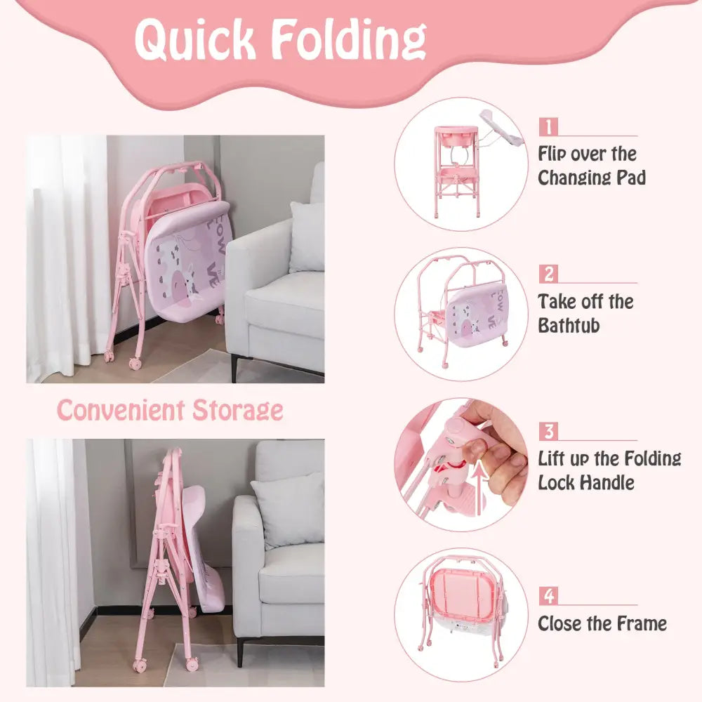 Folding Baby Changing Table with Bathtub and 4 Universal Wheels-Pink - Pink - Changing Tables