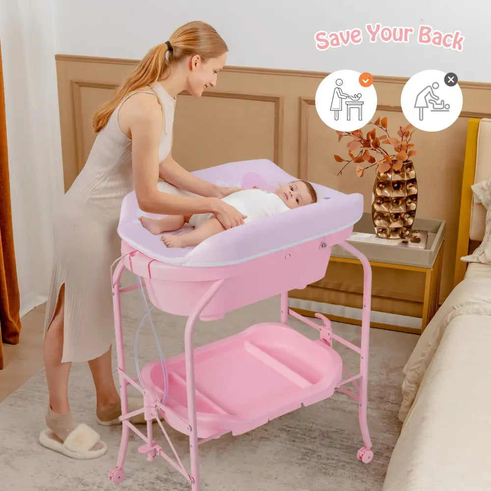 Folding Baby Changing Table with Bathtub and 4 Universal Wheels-Pink - Pink - Changing Tables