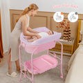 Folding Baby Changing Table with Bathtub and 4 Universal Wheels-Pink - Pink - Changing Tables
