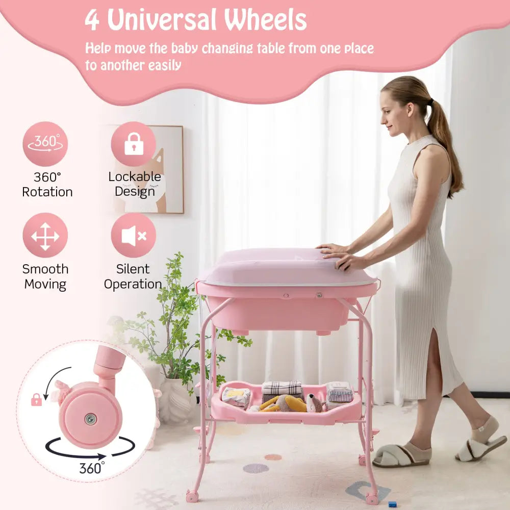 Folding Baby Changing Table with Bathtub and 4 Universal Wheels-Pink - Pink - Changing Tables