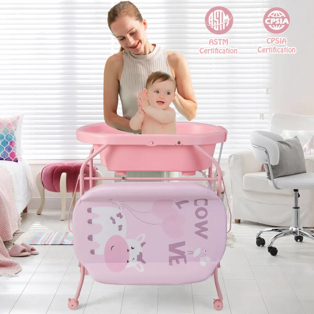 Folding Baby Changing Table with Bathtub and 4 Universal Wheels-Pink - Pink - Changing Tables