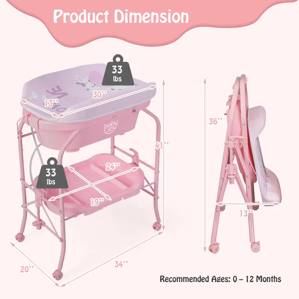 Folding Baby Changing Table with Bathtub and 4 Universal Wheels-Pink - Pink - Changing Tables