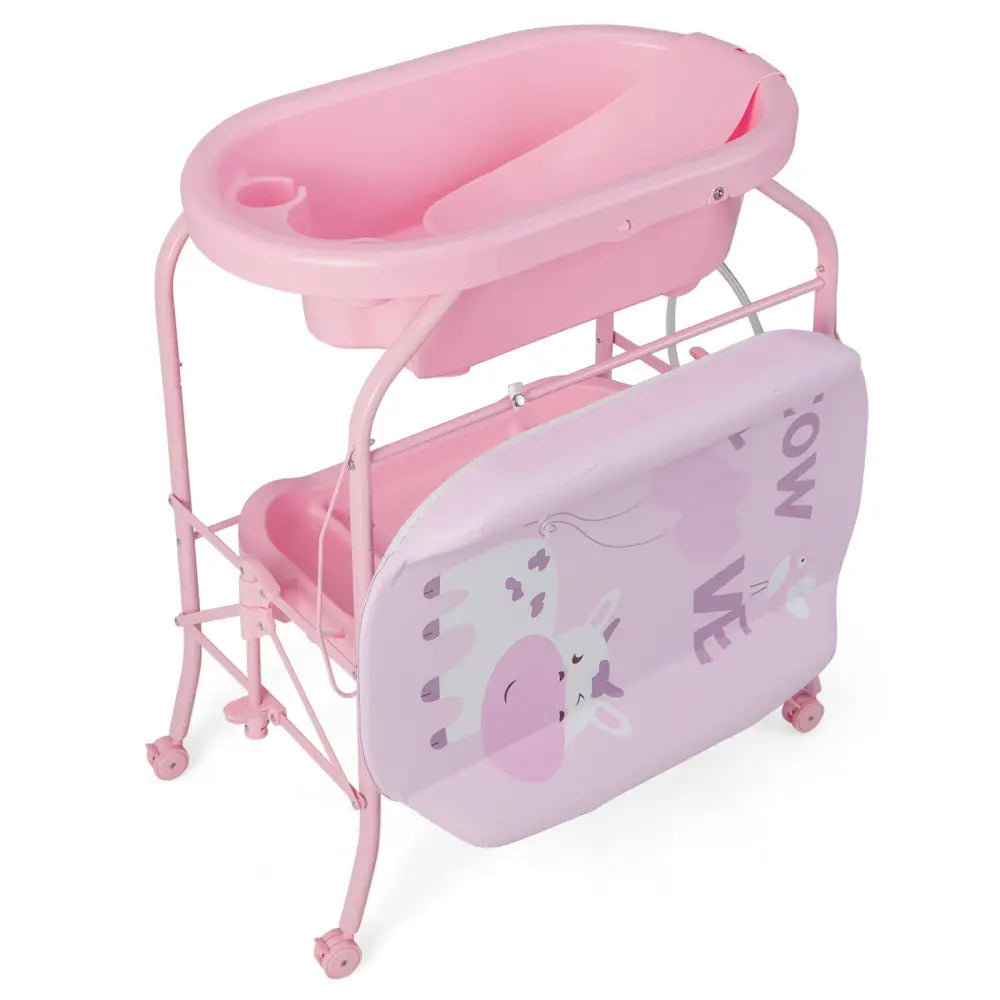 Folding Baby Changing Table with Bathtub and 4 Universal Wheels-Pink - Pink - Changing Tables