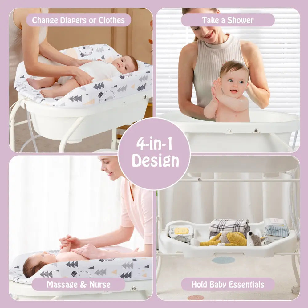 Folding Baby Changing Table with Bathtub and 4 Universal Wheels-White - White - Changing Tables