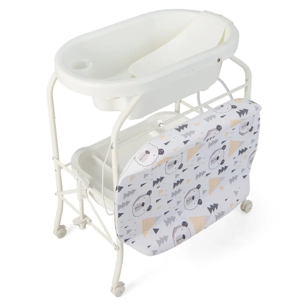 Folding Baby Changing Table with Bathtub and 4 Universal Wheels-White - White - Changing Tables