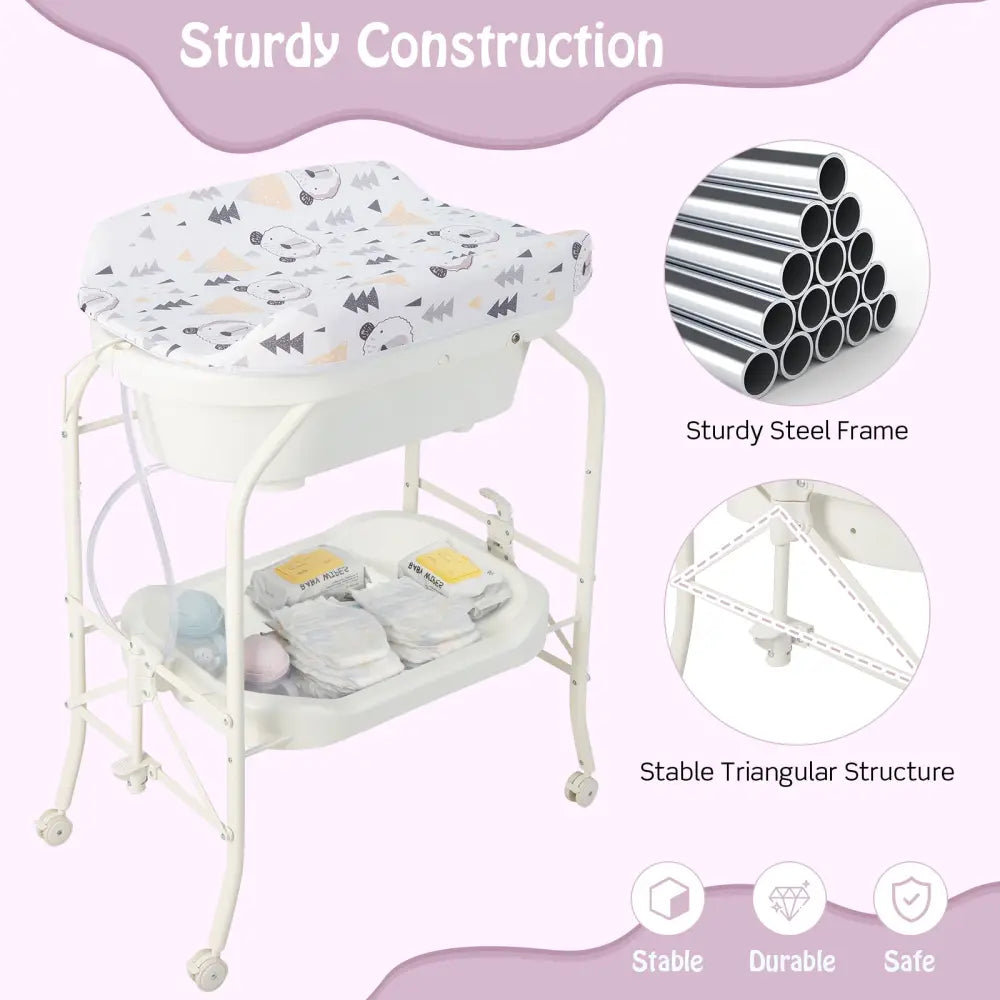 Folding Baby Changing Table with Bathtub and 4 Universal Wheels-White - White - Changing Tables