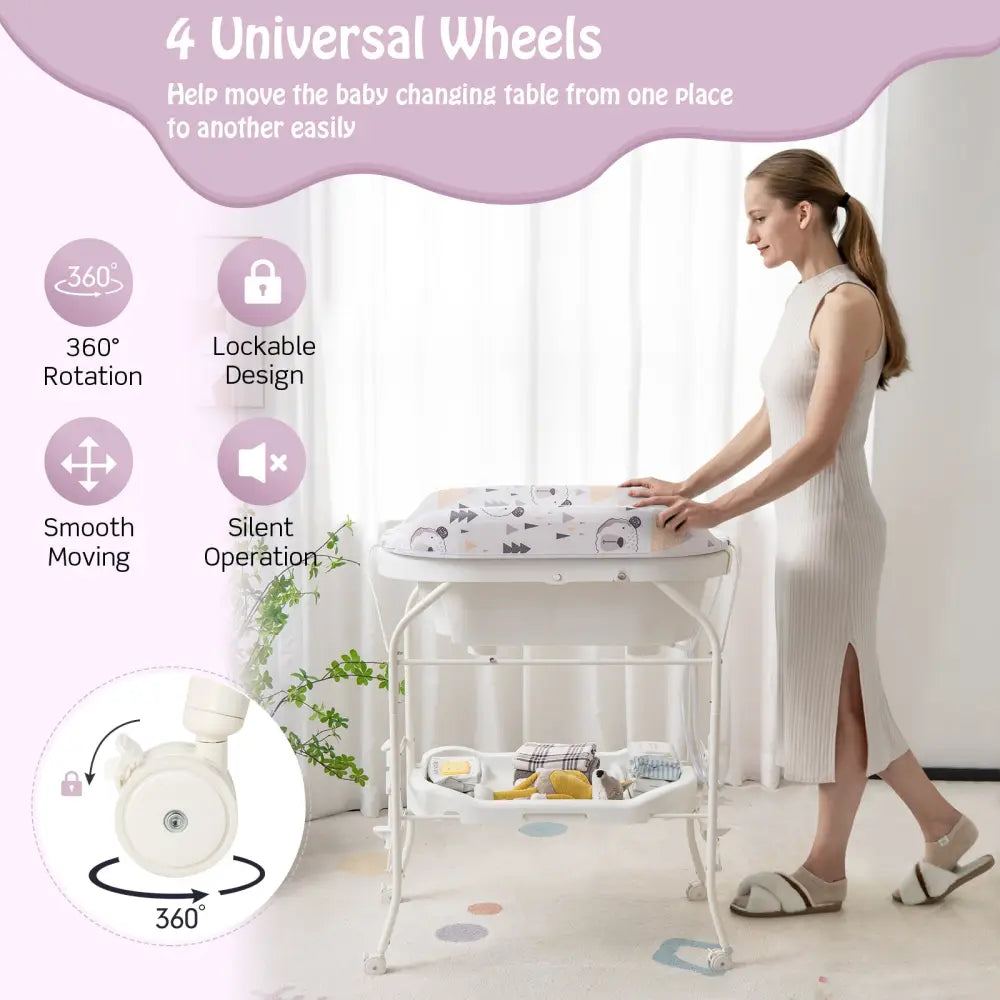 Folding Baby Changing Table with Bathtub and 4 Universal Wheels-White - White - Changing Tables