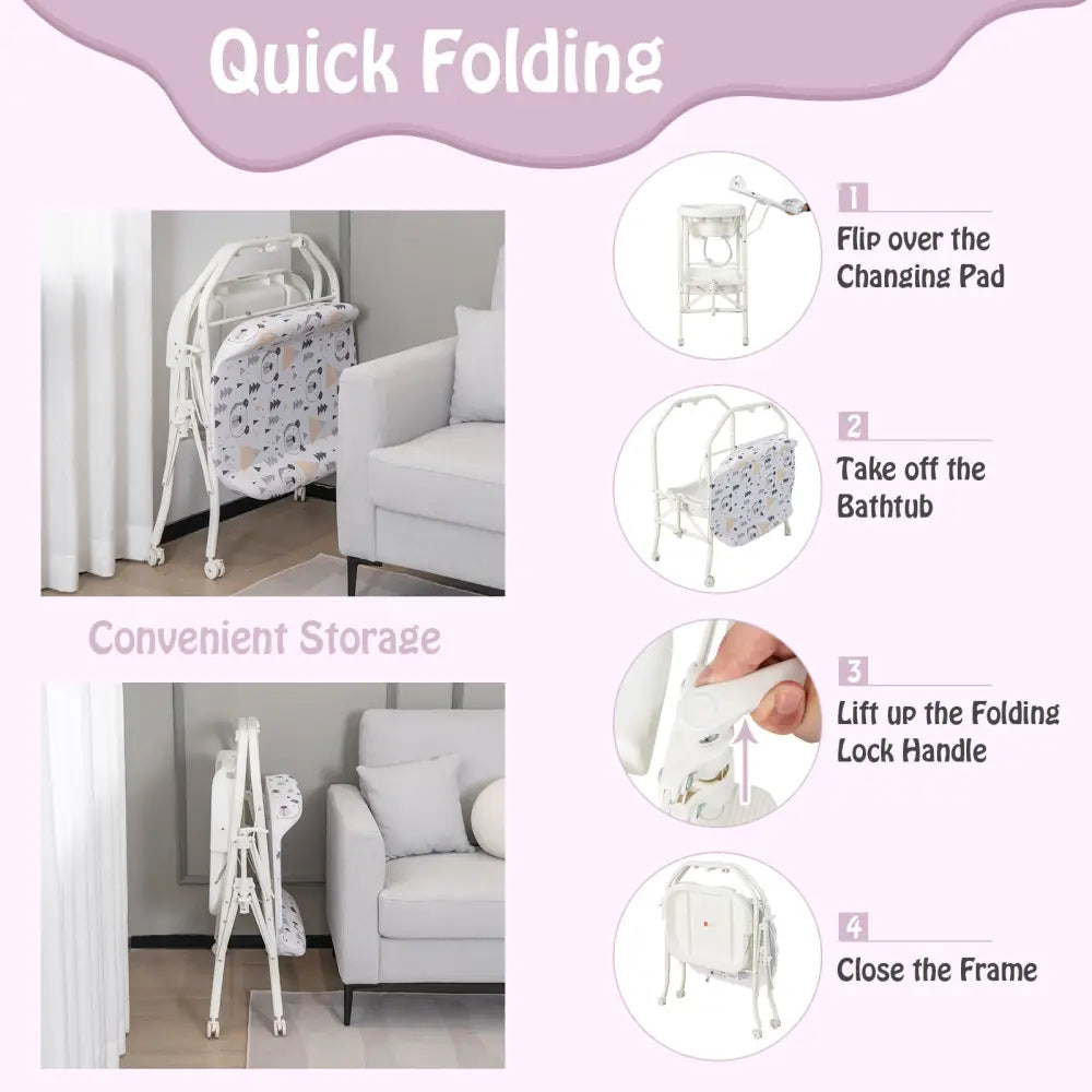 Folding Baby Changing Table with Bathtub and 4 Universal Wheels-White - White - Changing Tables