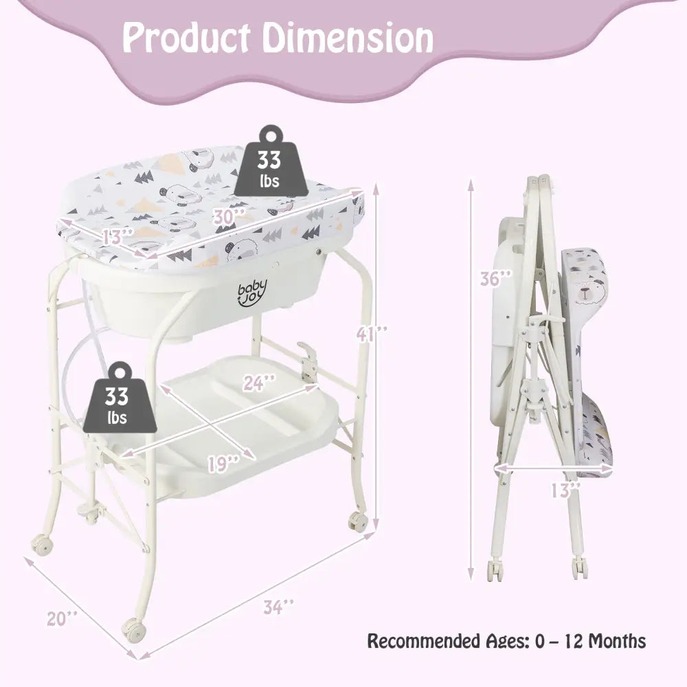 Folding Baby Changing Table with Bathtub and 4 Universal Wheels-White - White - Changing Tables