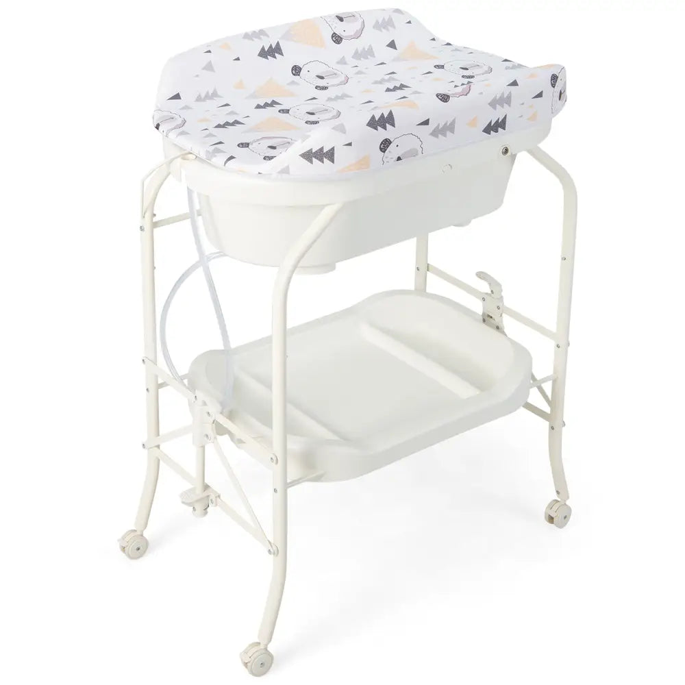 Folding Baby Changing Table with Bathtub and 4 Universal Wheels-White - White - Changing Tables