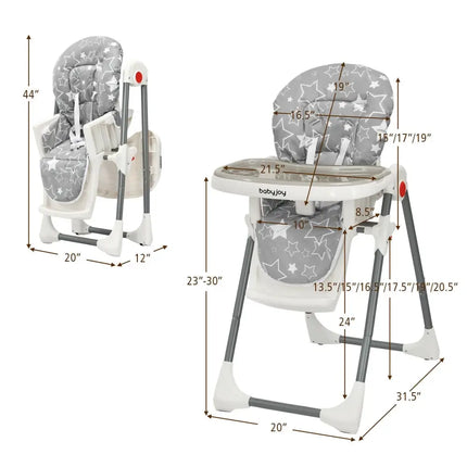 Folding Baby High Dining Chair with 6 - Level Height Adjustment - Gray - Oasis Home Essentials