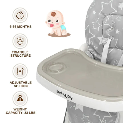 Folding Baby High Dining Chair with 6 - Level Height Adjustment - Gray - Oasis Home Essentials