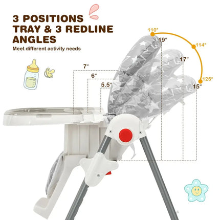 Folding Baby High Dining Chair with 6 - Level Height Adjustment - Gray - Oasis Home Essentials