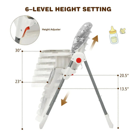 Folding Baby High Dining Chair with 6 - Level Height Adjustment - Gray - Oasis Home Essentials