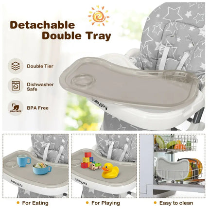 Folding Baby High Dining Chair with 6 - Level Height Adjustment - Gray - Oasis Home Essentials
