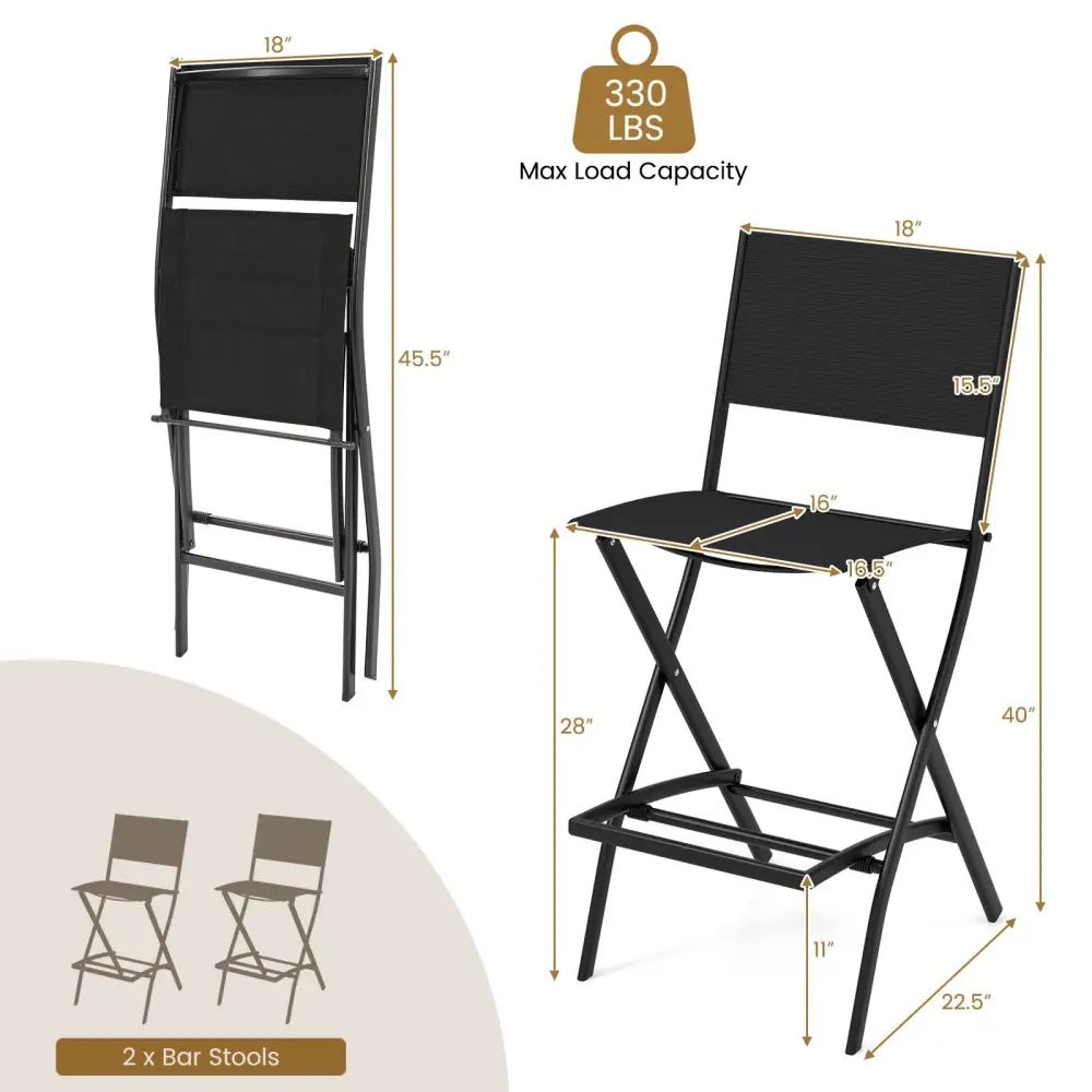 Folding Bar Stools Set of 2 Backrest Humanized Footrest-Black - Black - Patio Bar Furniture
