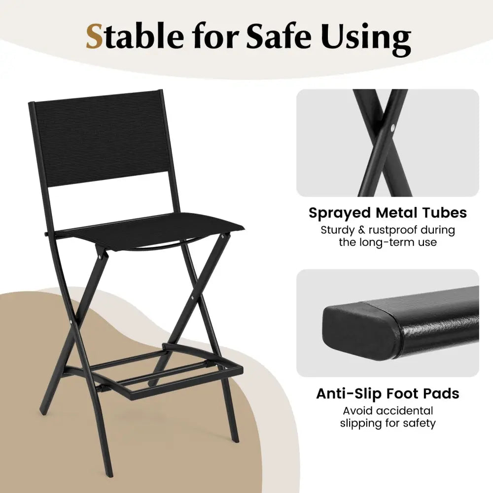 Folding Bar Stools Set of 2 Backrest Humanized Footrest-Black - Black - Patio Bar Furniture