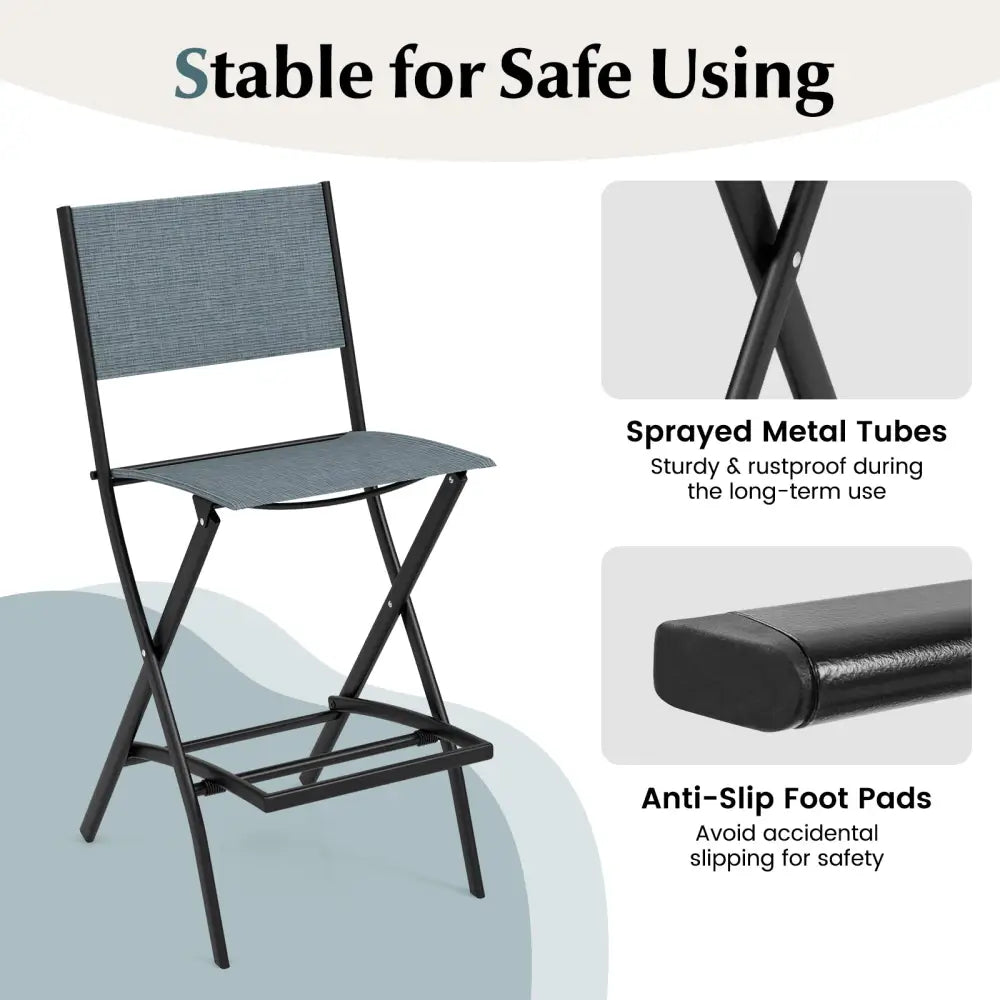 Folding Bar Stools Set of 2 Backrest Humanized Footrest-Blue - Blue - Patio Bar Furniture