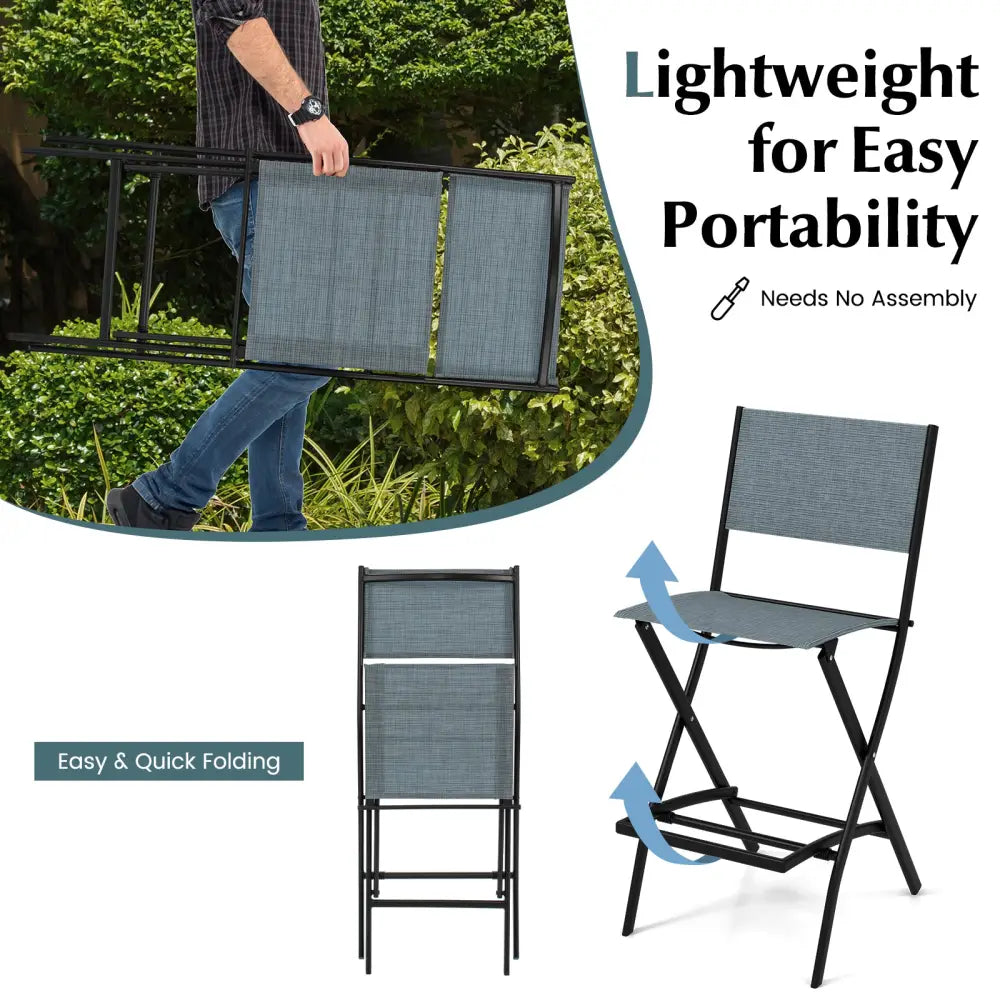 Folding Bar Stools Set of 2 Backrest Humanized Footrest-Blue - Blue - Patio Bar Furniture