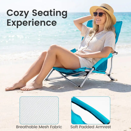 Folding Beach Chairs Set of 2 Portable Lightweight Low Seat Chairs with Padded Armrests-Blue - Blue - Beach & Lawn