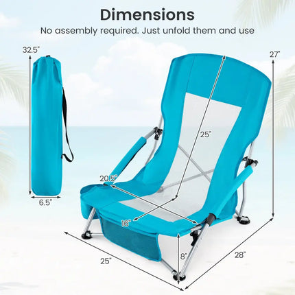 Folding Beach Chairs Set of 2 Portable Lightweight Low Seat Chairs with Padded Armrests-Blue - Blue - Beach & Lawn