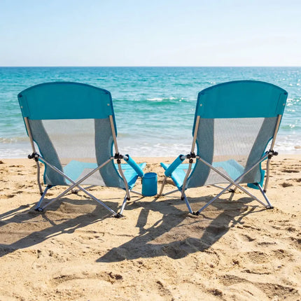 Folding Beach Chairs Set of 2 Portable Lightweight Low Seat Chairs with Padded Armrests-Blue - Blue - Beach & Lawn